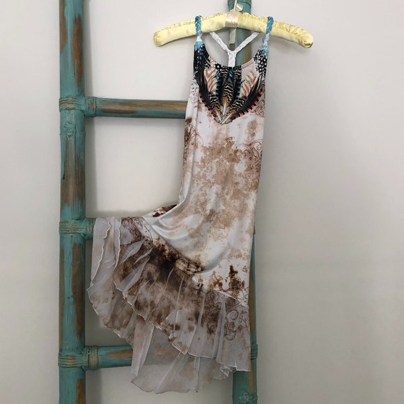 Sophie & Mia Feather Print High- Low Dress with Braided Racerback Straps - Picture 1 of 14